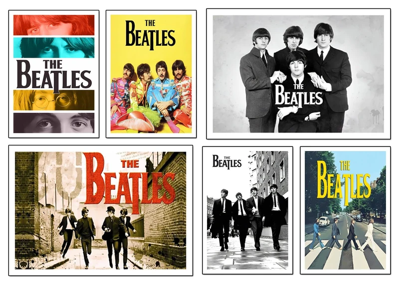DKORARTE Set of 6 Wooden Base Paintings Modern Living Room Bedroom Bedroom The Beatles with Metal Hangers, (2 x 38 x 29 cm; 4 x 29 x 20 cm)