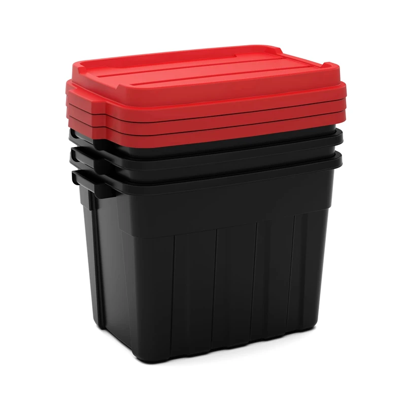 Keter Tuff Box 3x 68L Storage Boxes with Lid, Durable, Water Resistant, Large Capacity, Stackable, Black/Red