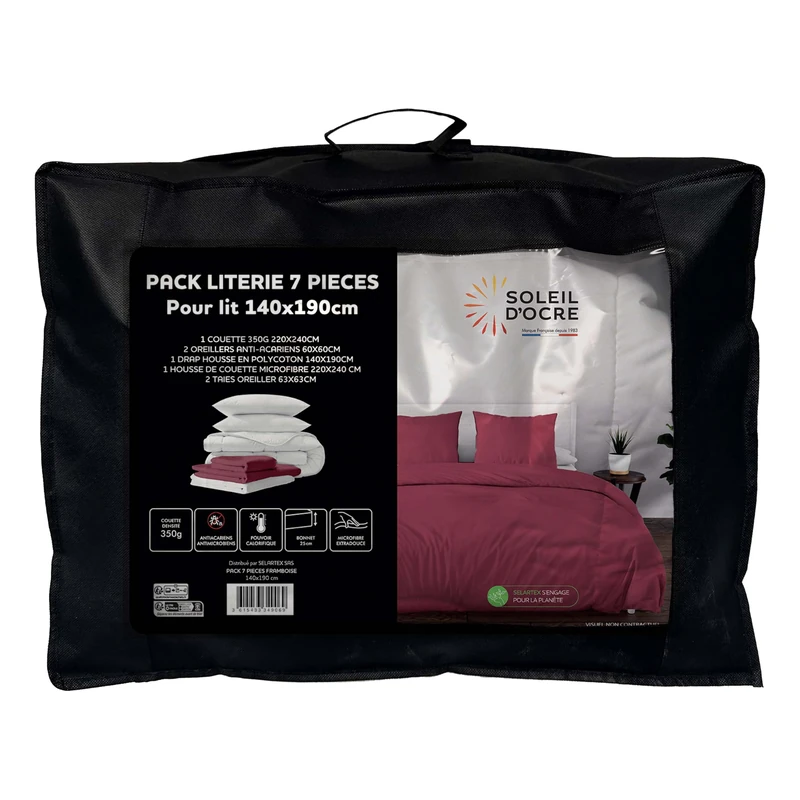 Soleil d'ocre Duvet and Bedding Set, Polyester, Raspberry, 220 x 240 cm