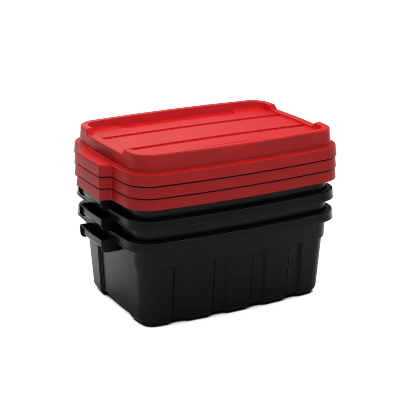 Keter Tuff Box 3x 37L Storage Boxes with Lid, Durable, Water Resistant, Large Capacity, Stackable, Black/Red