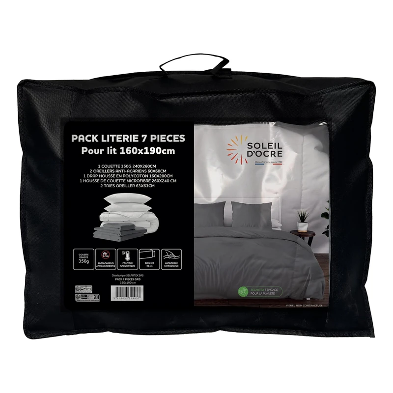 Soleil d'ocre, Boheme 7-Piece Duvet and Bedding Set for Bed 160 x 200 cm Grey