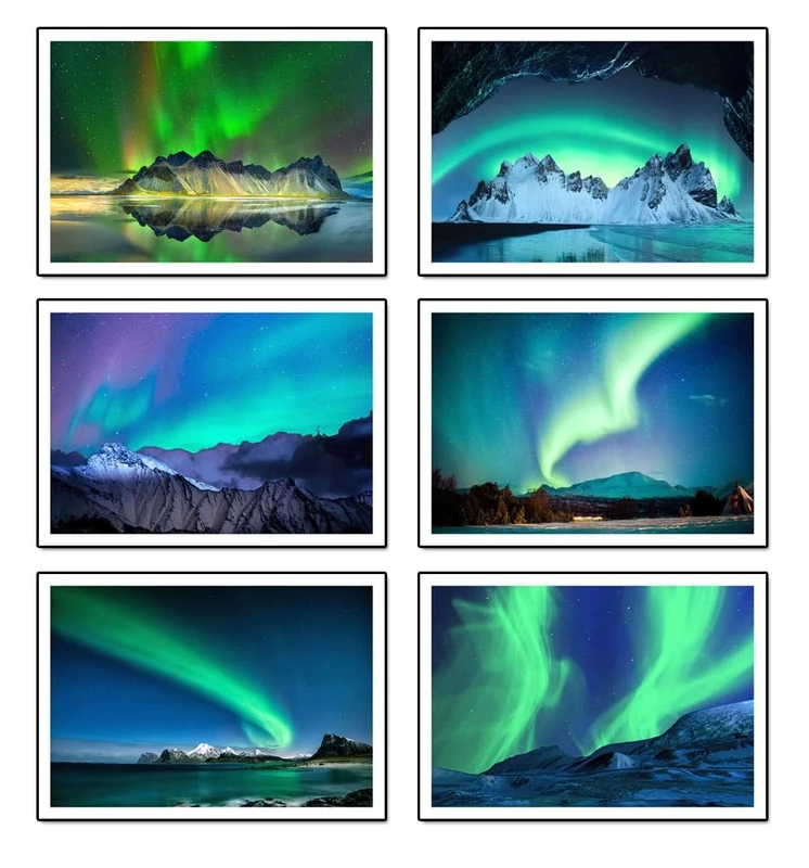 DKORARTE Set of 6 Wooden Wall Paintings, Living Room Decoration, Modern, Bedrooms, Room, Landscape, Nature, Norwegian Aurora Borealis with Metal Hangers, (38 x 29 cm Each Frame)