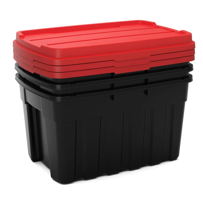 Keter Tuff Box 3x 140L Storage Boxes with Lid, Durable, Water Resistant, Large Capacity, Stackable, Black/Red - Image 1