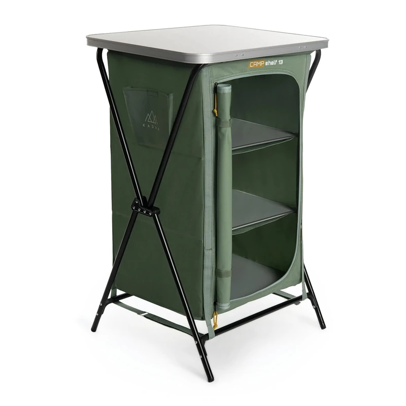 KADVA CampShelf 13 Camping Cabinet 50 x 60 x 98 cm Polyester Lightweight and Sturdy Construction Easy to Assemble and Transport Comes with a Cover Green