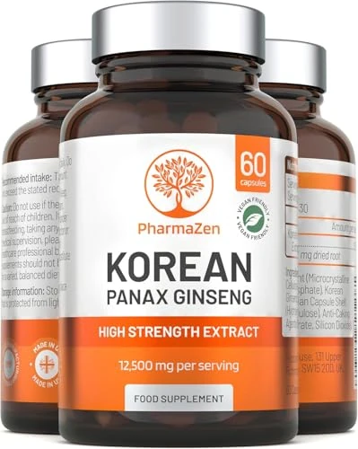 Korean Ginseng Tablets 12500mg - Panax Red Ginseng Extract High Strength - 60 Capsules - Premium Ginseng Root Standardised Ginsenosides - Natural Herbal Supplements for Men & Women - 4 x Bottles