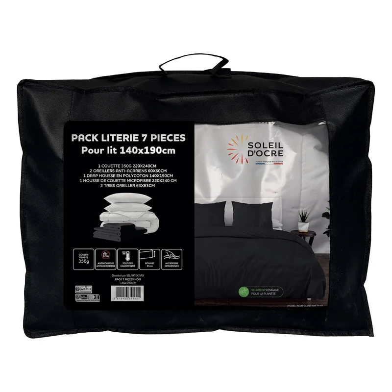 Soleil d'ocre, Boheme 7-Piece Duvet and Bedding Set for Bed 140 x 190 cm Black