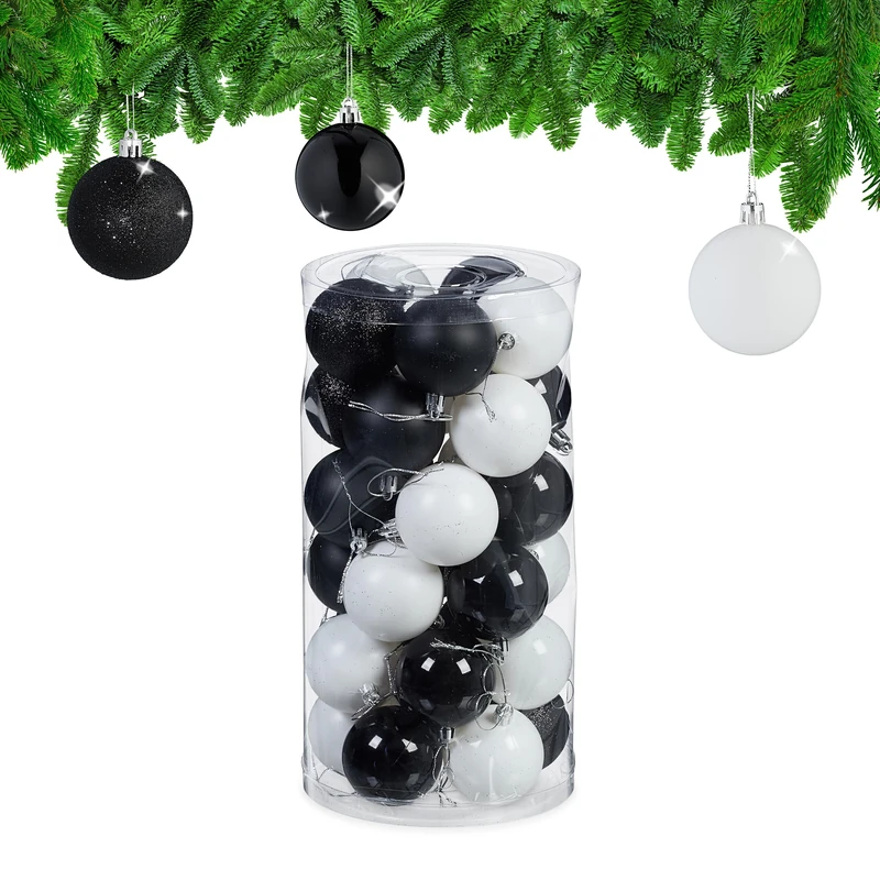 Relaxdays 30x Christmas Bauble Glittery, Matt & Shiny Ornaments, Plastic Xmas Tree Balls, HxD: 7 x 6 cm, Black/White