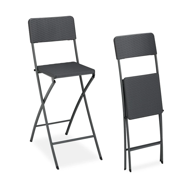 Relaxdays BASTIAN Folding Bar Stools, Rattan Look, Backrest, Bistro Chairs, Foldable, 78 cm Tall, Counter-Height, Grey