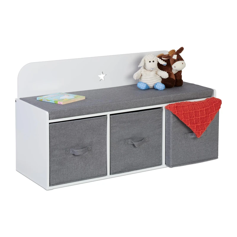 Relaxdays Children's Bench with Storage, HWD: 54 x 99 x 35 cm, for Kids' Room and Hallway, Upholstered, White/Grey, Fibreboard