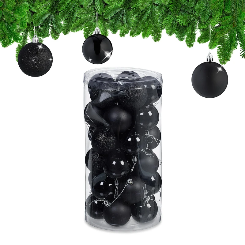 Relaxdays Christmas Bauble Set of 30, Glittery, Matt & Shiny Ornaments, Plastic Xmas Tree Balls, HxD: 7 x 6 cm, Black