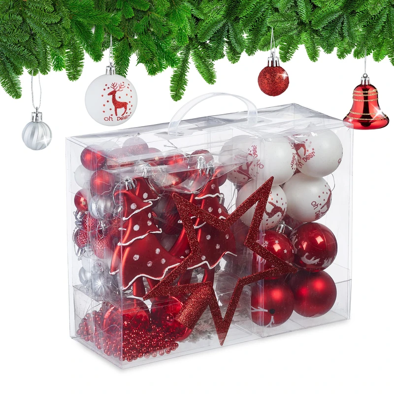 Relaxdays 103x Christmas Ornaments, Plastic, Tree Decor, Balls, Bells, Lace & Beads, Glittery, Matt & Shiny, Red/White