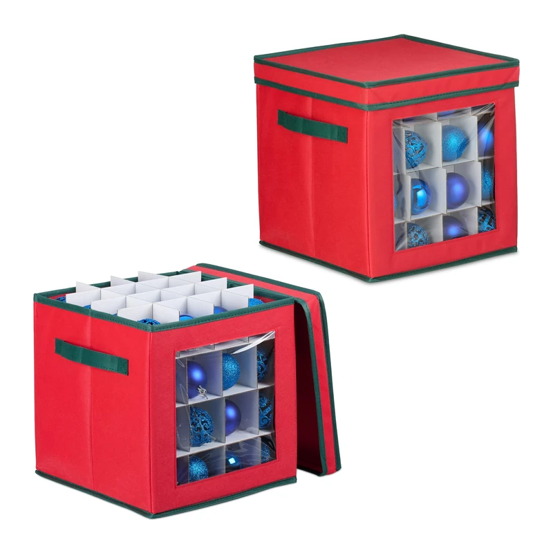 Relaxdays Christmas Bauble Storage Box, 64 Compartments, Viewing Window, HWD: 33 x 32 x 32 cm, Decor Spheres, Red/Green, Paper