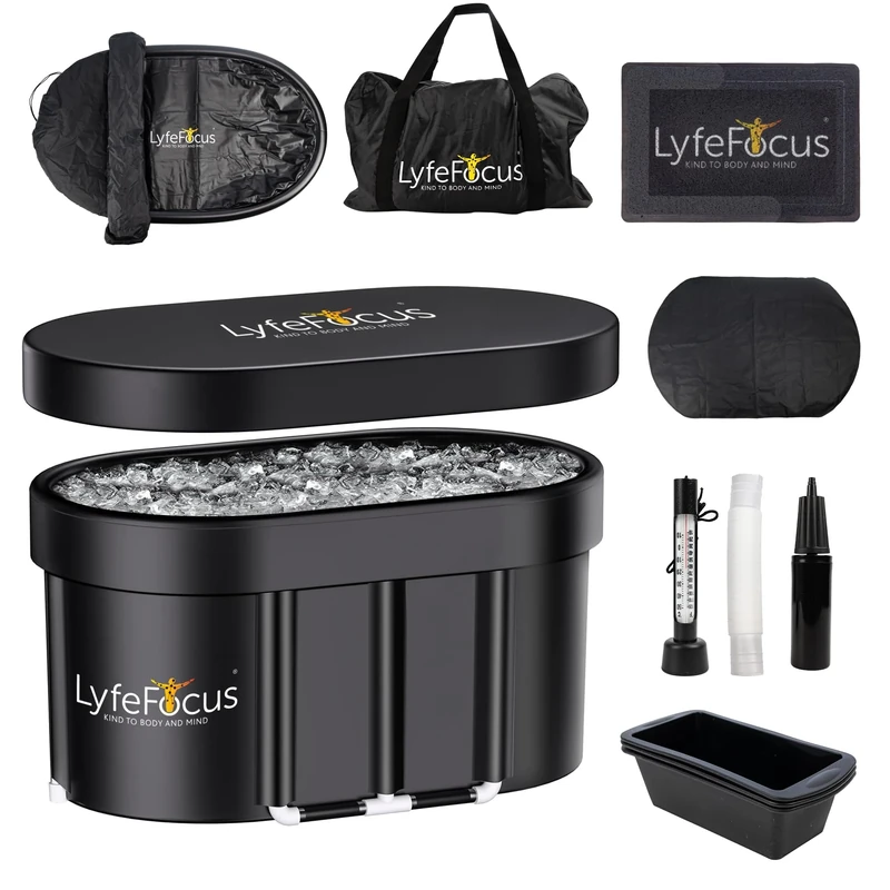 LyfeFocus Cold Therapy Pod – Premium Recovery Ice Bath Tub with Thermometer, Foot Mat, Protection Lid, Groundsheet, Reusable Ice Blocks and Set Up Accessories (Black Base, Black Top, Large 100cm)