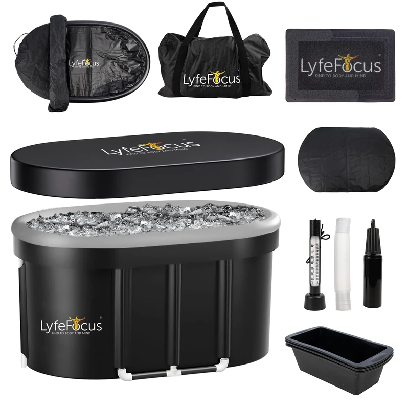LyfeFocus Cold Therapy Pod – Premium Recovery Ice Bath Tub with Thermometer, Foot Mat, Protection Lid, Groundsheet, Reusable Ice Blocks and Set Up Accessories (Black Base, White, Top Large 100cm)