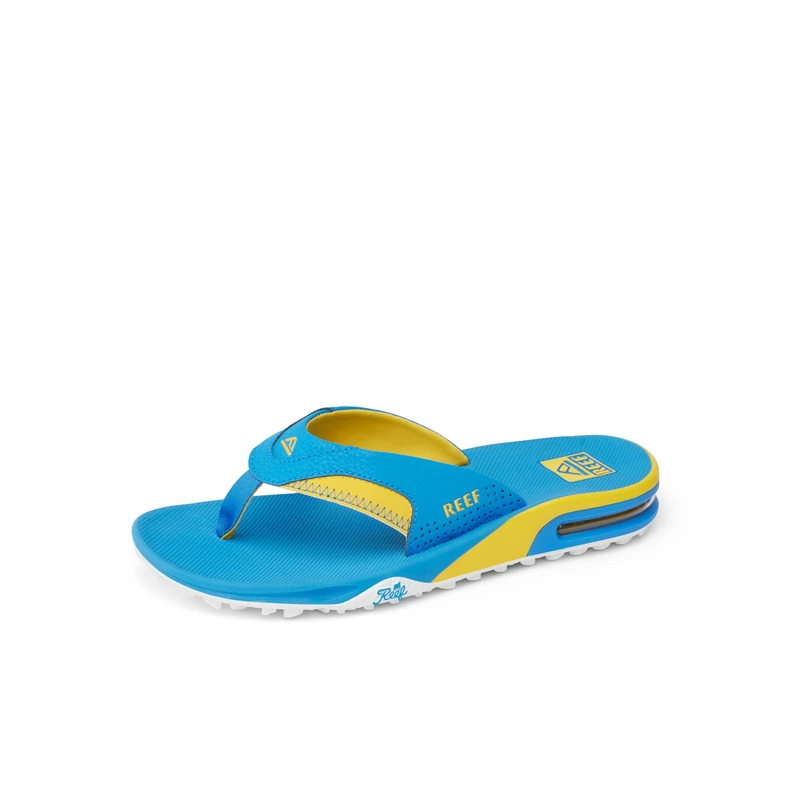 REEF Fanning Pregame Men's Bottle Opener Flip Flop, Arch Support, Durable Outsole, Water Friendly, Blue/Yellow, 8 UK