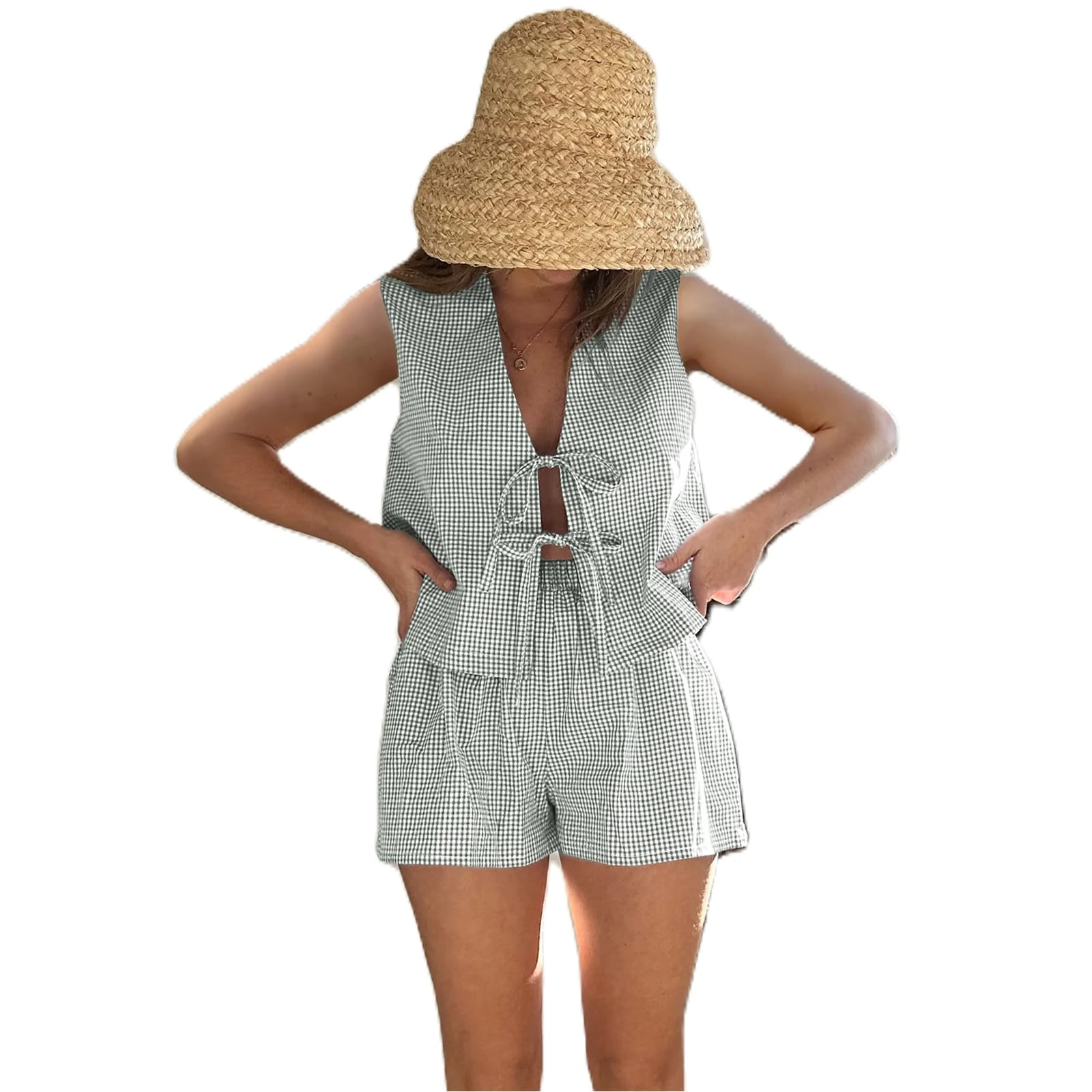 Geagodelia Women's 2 Pieces Summer Outfit Ladies Co Ord Set Sleeveless Tie Front Blouse Top + Shorts Y2k Aesthetic Clothes Lounge Wear Loungewear Workout (Gingham - Green, S)
