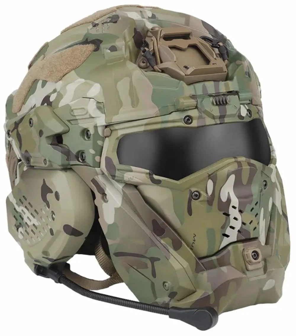 DEJIN Military Tactical Full Face Helmet With Mask, Automatic Pop-up Mask Built-in HD Headset And Anti-Fog Fan With 2 Pairs Goggles For Outdoor Airsoft Paintball CS Games, Hunting Gear