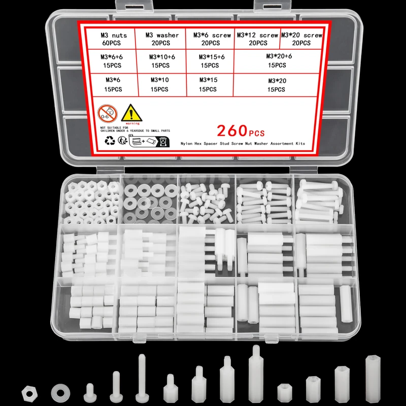 Ewwtrey 260 Pcs m3 Male Female Nylon Spacer Standoff Screw Nuts, Assorted White Nylon Threaded Pillars, Standoff Spacer Pillar Screws and Nuts Washers Assortment Kit for PCB Board Motherboard
