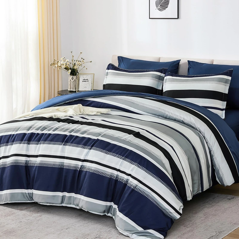 WONGS BEDDING Comforter King Size, Navy Blue Striped King Comforter Set, 7 Pieces Bed in a Bag Soft Micorfiber Bedding Set with Comforter, Flat Sheet, Fitted Sheet, Pillow Shams, Pillowcase