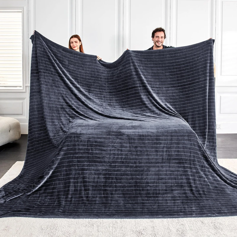Serenhom Extra Large 120x120 Inch Giant Soft Cozy Fleece Blanket, Huge Oversized Seamless King 3D Jacquard Decorative California King Blanket for Bed, Couch, Travel - Striped Dark Grey