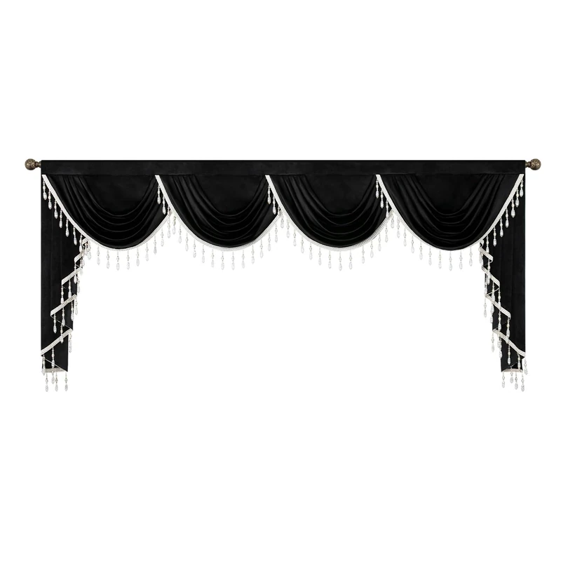 VOGOL Super Wide European Style Valances, 110 Inches Wide Waterfall Valance Curtain for Living Dining Room, 1 Panel Soft Touch Velvet Window Treatment for Kitchen, Black