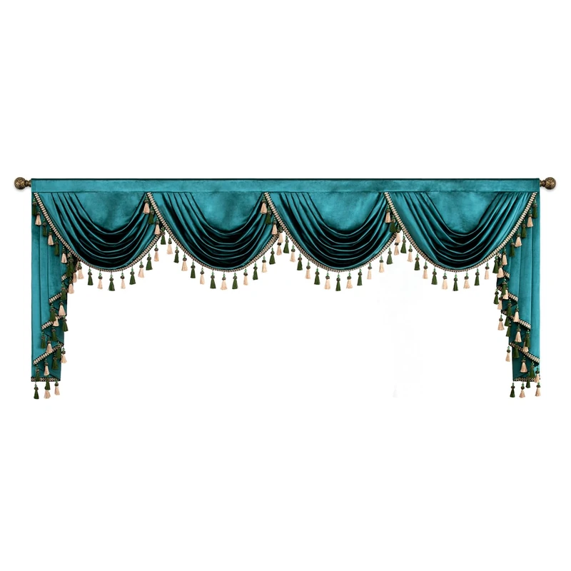 VOGOL Extra Wide Velvet Curtains Valance, Super Soft Thick Fabric Rod Pocket Drapery with Handmade Tassels, 1 Panel Green Thermal Insulated Valance for Living Room, 110 Inches Wide
