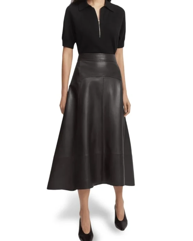 Jild Real Lambskin Leather Skirts for Women High Waist Classical Mid Length Going Out Skirt with Stylish Patchwork, Black, S