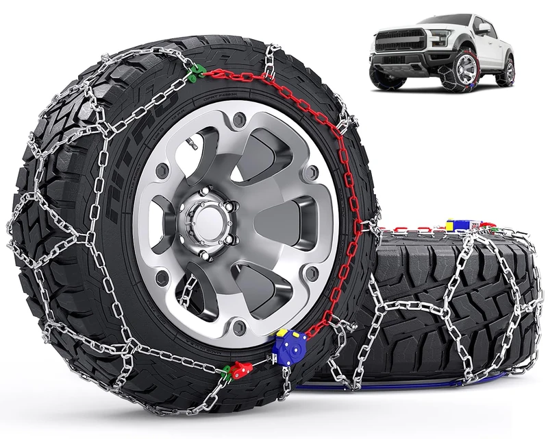 Snow-Chains Auto Fixing 1 Min Quick Installation Tire-Chains, Heavy-Duty Emergency Tire Traction Chain for Pickup Trucks and Off-road SUV Car Tires 255 265 275 285 - Set of 2