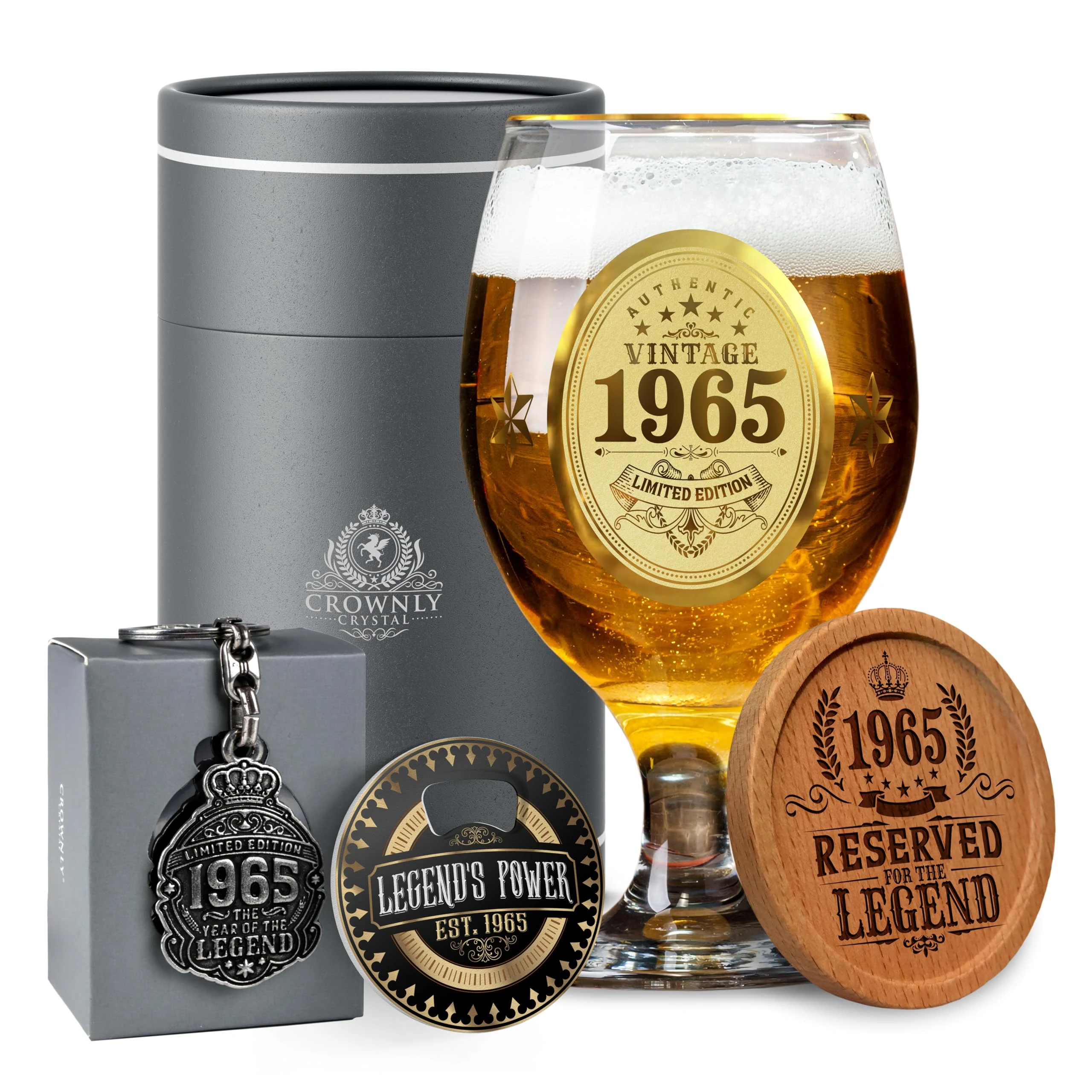 CROWNLY CRYSTAL® 1965 60th Birthday Gifts for Men Personalised Beer Glasses Decorations Gifts for Him Presents Husband Gift Ideas
