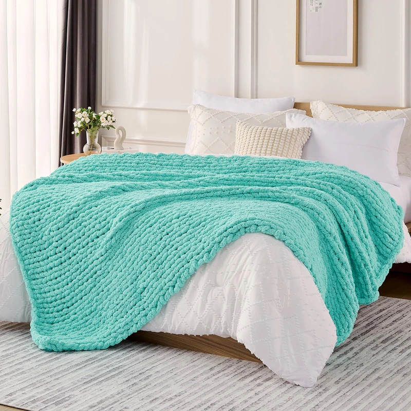 L'AGRATY Chunky Knit Blanket Throw: 50''x60'' Chenille Chunky Knitted Throw Blanket for Bed Couch - Handmade Thick Big Cable Knit Blanket - Large Crochet Rope Blankets for Home Decor(Lake Blue)