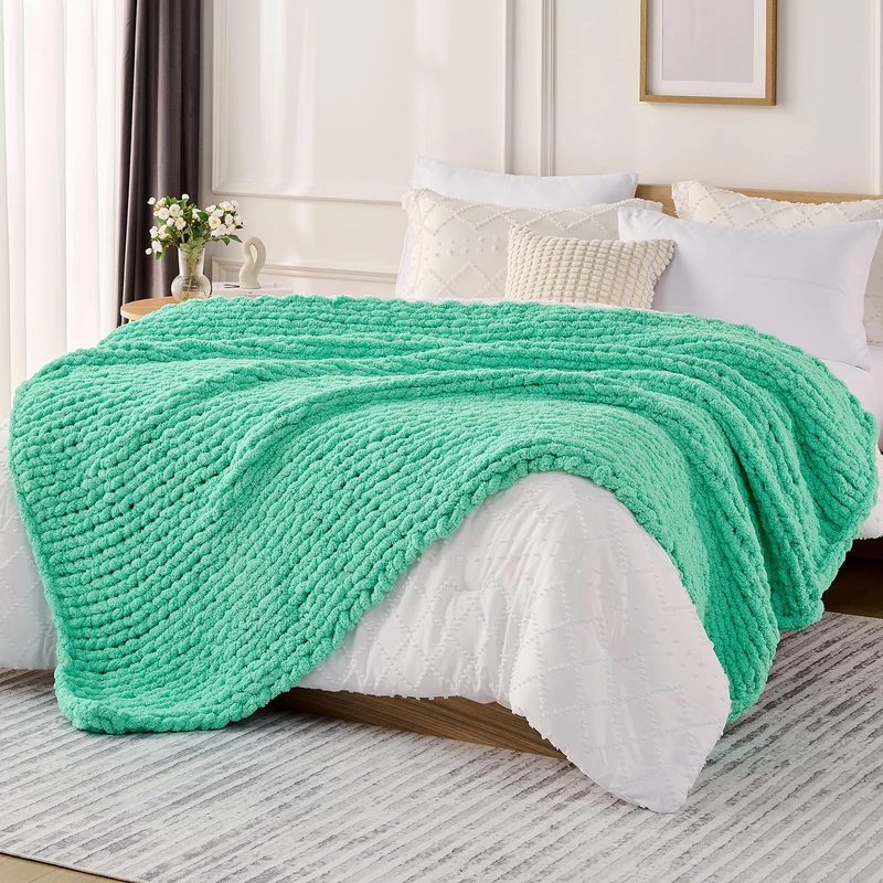 L'AGRATY Chunky Knit Blanket Throw: 60''x80'' Chenille Chunky Knitted Throw Blanket for Bed Couch - Handmade Thick Big Cable Knit Blanket - Large Crochet Rope Blanket for Home Decor(Aqua)
