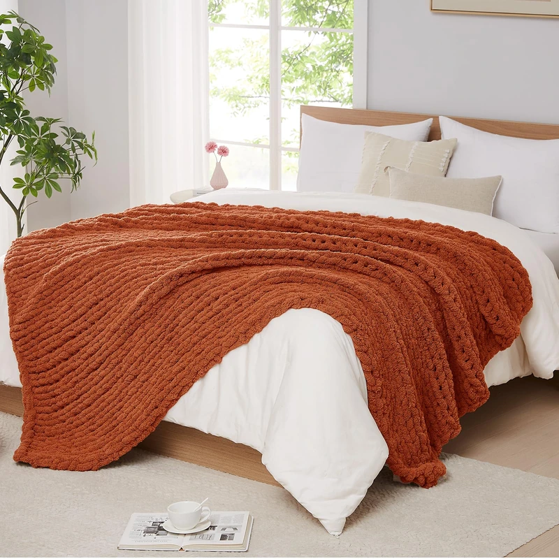 L'AGRATY Chunky Knit Blanket Throw: 60''x80'' Chenille Chunky Knitted Throw Blanket for Bed Couch - Handmade Thick Big Cable Knit Blanket - Large Crochet Rope Blanket for Home Decor(Rusty Orange)