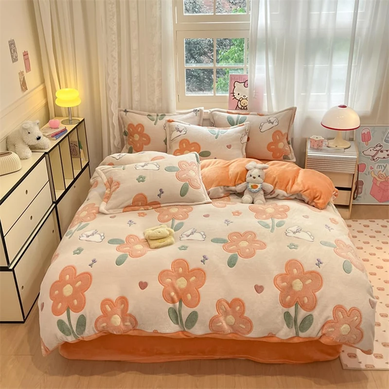 CinYana Orange Floral Duvet Cover Set Queen Fluffy Bedding Set Kawaii Cartoon Comforter Cover Soft Kids Duvet Cover (Orange Flowers,Queen)