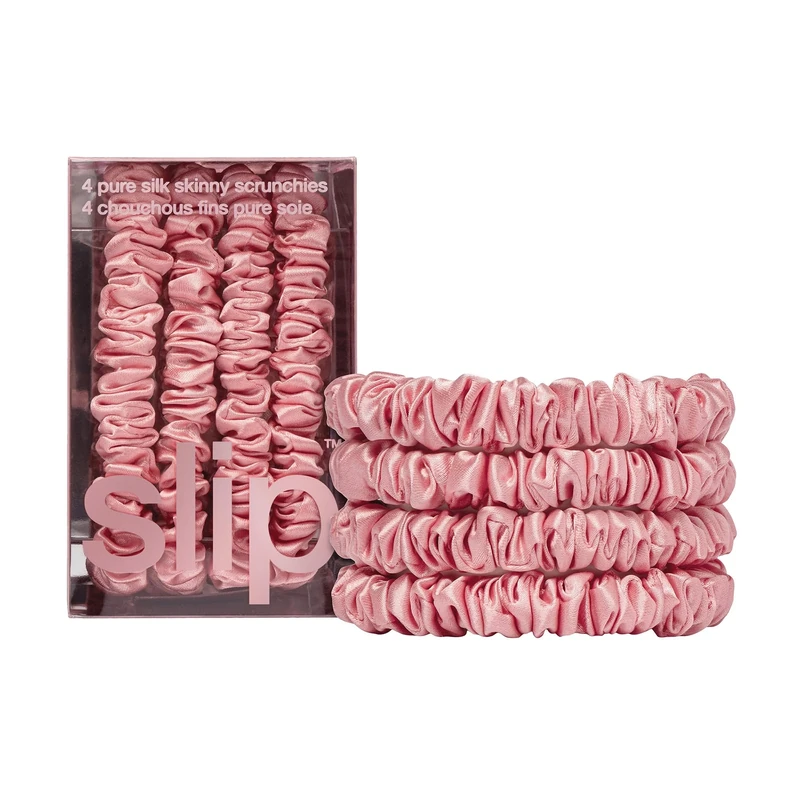 slip Skinny Pink Scrunchies - Back to Basics - Anti-Crease, Anti-Breakage Slipsilk Design Protects Delicate Hair - Includes 4 Pure Rose Silk Scrunchies - 4 Pack