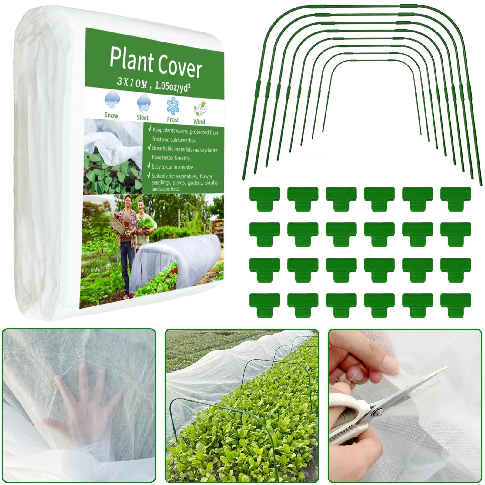XMPEKO 3x10M Plant Covers Freeze Protection Kit, With 8PCS Garden Greenhouse Hoops & 24 Clips,1.05 Oz/yd² Winter Frost Blankets Cloth for Outdoor Raised Bed,Reusable Floating Row Cover for Vegetables