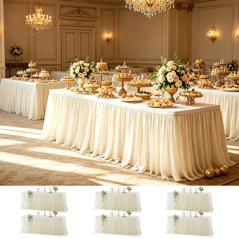 Wish Care 6 Pack Champagne Tulle Tablecloth for 6 Foot Rectangle Tables, Ruffle Stretch Fitted Table Cloths Wrinkle Free Table Cover with Tutu Skirt for Party Wedding Birthday Banquet Cake Table Decor