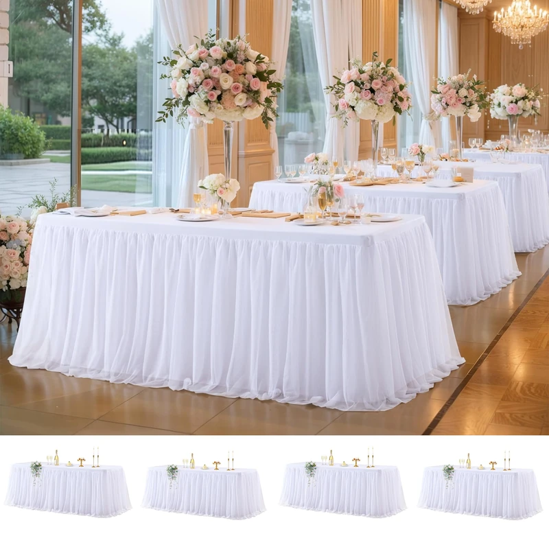 Wish Care 4 Pack White Tulle Tablecloth for 6 Foot Rectangle Tables, 6FT Wrinkle Free Stretch Fitted Table Cloths with Tutu Skirt Ruffle Table Cover for Wedding Birthday Party Banquet Cake Table Decor