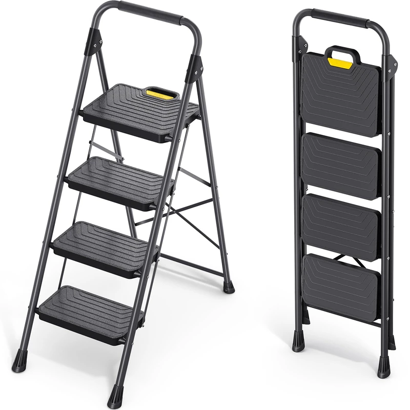 KINGRACK 4 Step Ladder, Foldable Step Stool with Anti-Slip Wide Pedals, Handrail, Safe-Lock Design, Pass 360kg Load Testing, Heavy Duty Portable Ladder for Multi-Purpose, Home, Kitchen, Black