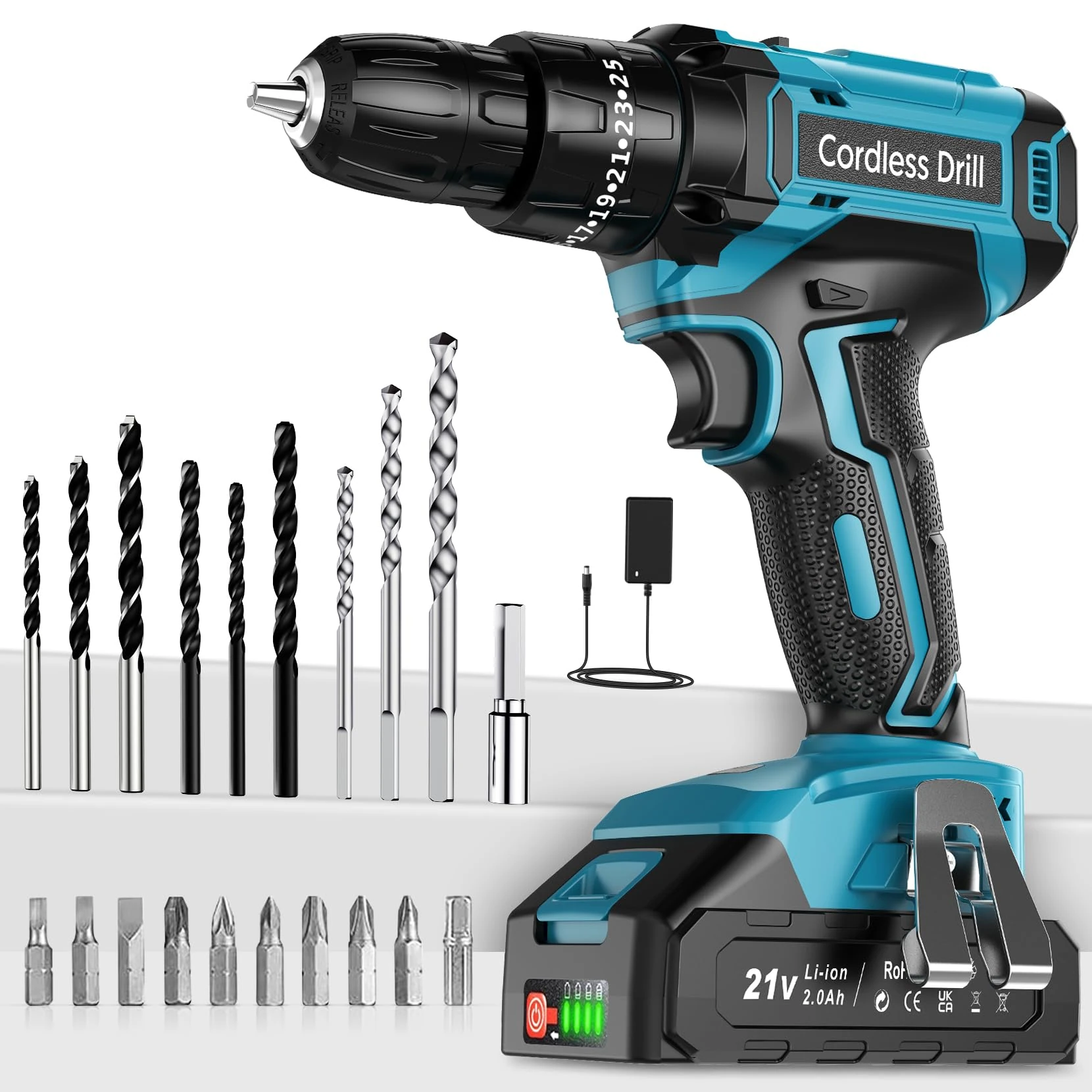 MHPRO Cordless Drill Driver 21V, Cordless Hammer Drill with Battery 2000mAh, 25+3 Torque, 42N.m Max ElectricDrill, 24PCS DrillBits, 2 Speed, LED Light for Home and Garden DIY Project