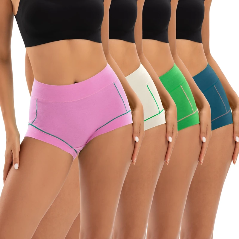 INNERSY Womens Boxers Underwear Cotton Boxer Briefs High Waist Sport Boy Shorts Knickers Pack of 4(14, Pink/Blue/Green/Cream White)