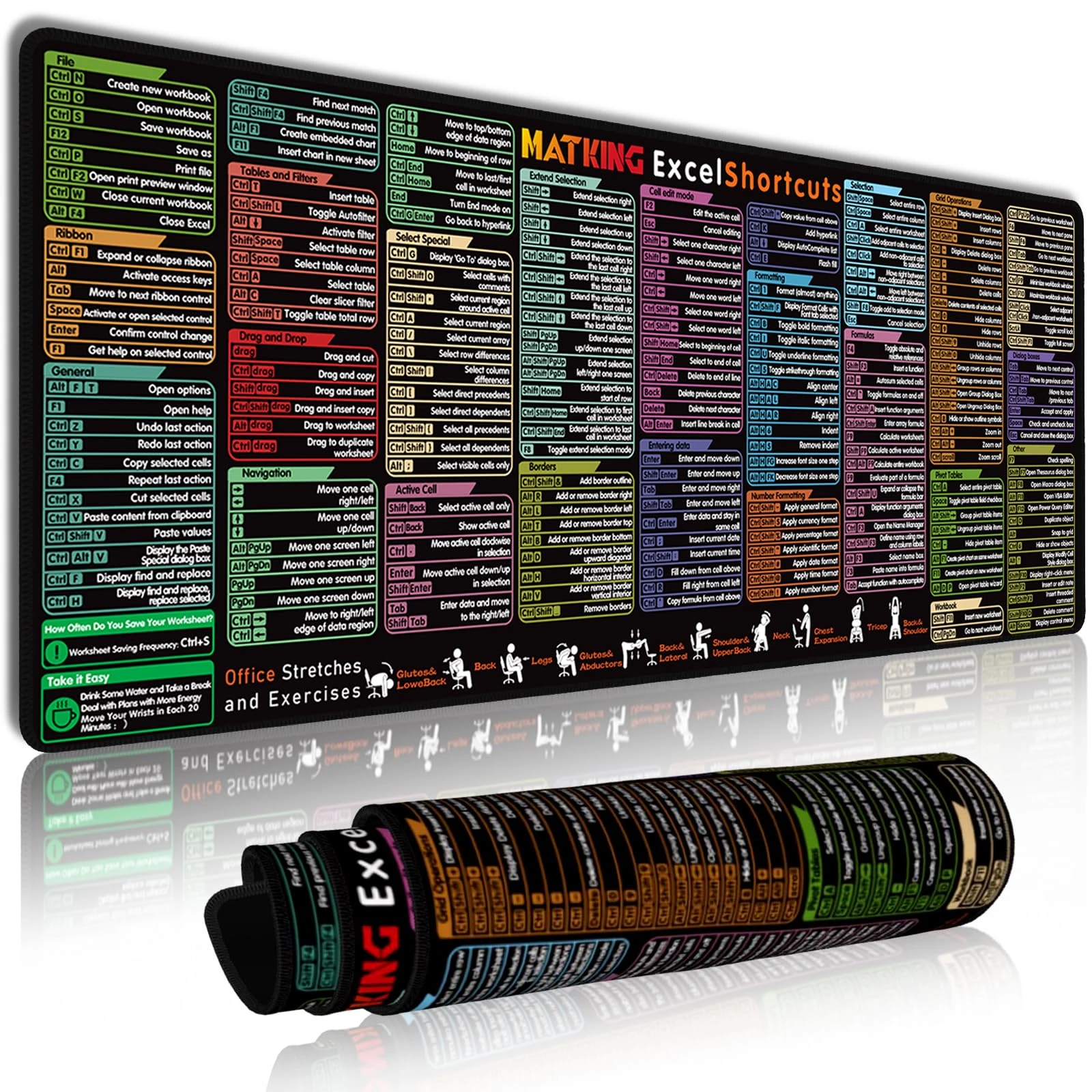 MATKING Excel Shortcuts Mouse Mat Large, XL Gaming Mouse Pad with Seamed Edges, Waterproof Computer Office Shortcuts Desk Mat with Non-Slip Rubber Base, Cheat Keyboard Mat(800x300x3 MM)