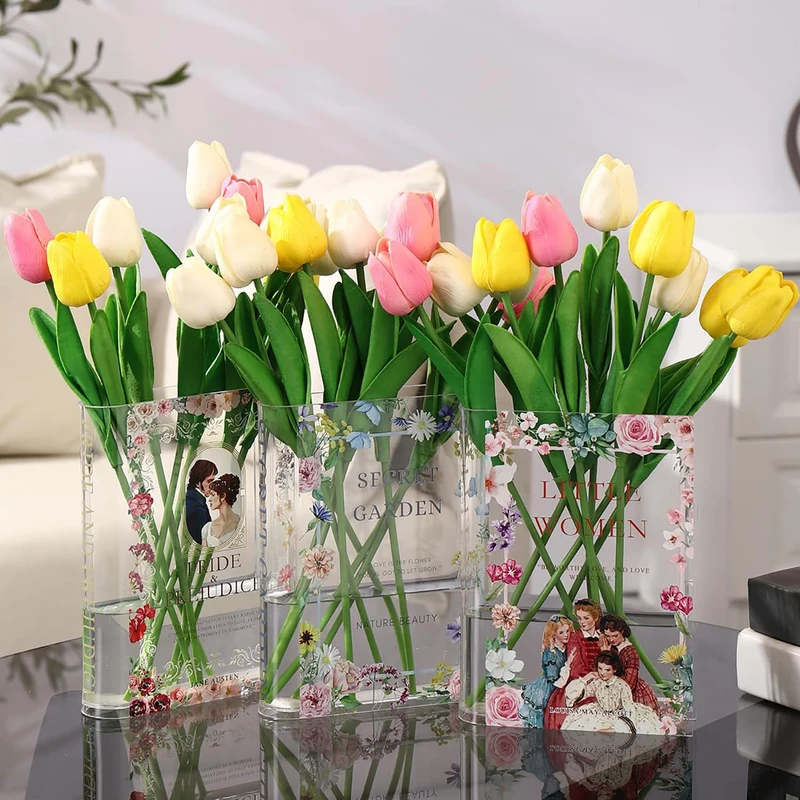 PORPAN Acrylic Book Vase for Flowers, Clear Book Flower Vase for Living Room/Bookshelf/Bedroom/Office Decor Aesthetic, Book Lovers Gifts, Set of 3 - Image 1