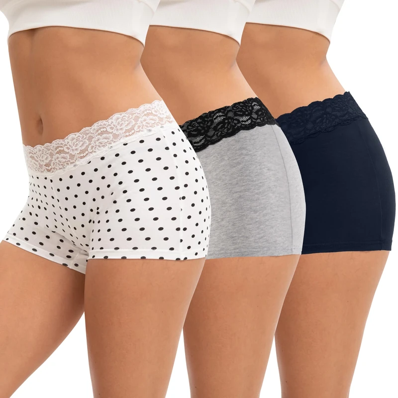 INNERSY Ladies Boxer Shorts Underwear Womens Boxers with Cotton Crotch Boyshorts Panties 3 Pack(12, Dots/Navy Blue/Heather Grey)