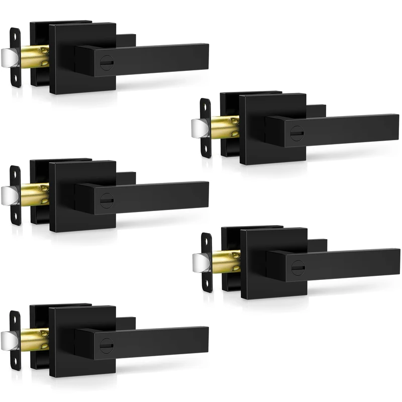 Plustool 5 Pack Matte Black Door Handles, Keyless Interior Door Knobs, Privacy Door Lever Locksets for Bedroom Bathroom, Heavy Duty Square Door Lock (2.0lb), Reversible for Left&Right Handled Doors