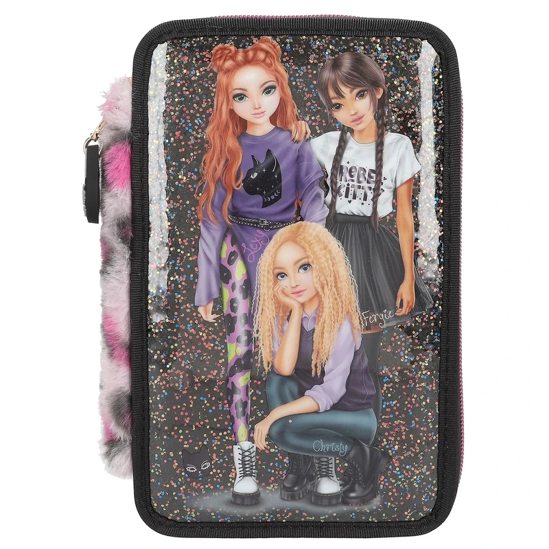 Depesche 13017 TOPModel Rebel Kitty - Filled 3-Compartment Pencil case in Black, with Model Motif, Glitter and Leo Fur, Pencil case with Crayons, Ruler, Scissors and Much More.