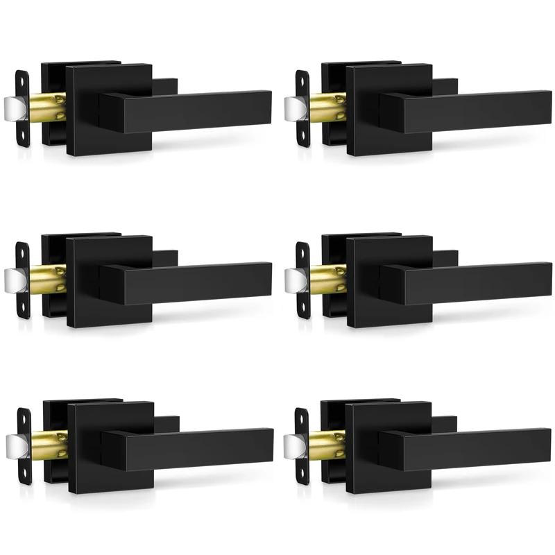Plustool 6 Pack Matte Black Door Handles, Passage Door Levers for Hallway & Closet, Interior Keyless Door Knobs Heavy Duty Square Non-Locking Handlesets(2.0lb), Reversible for Left & Right Sided Doors