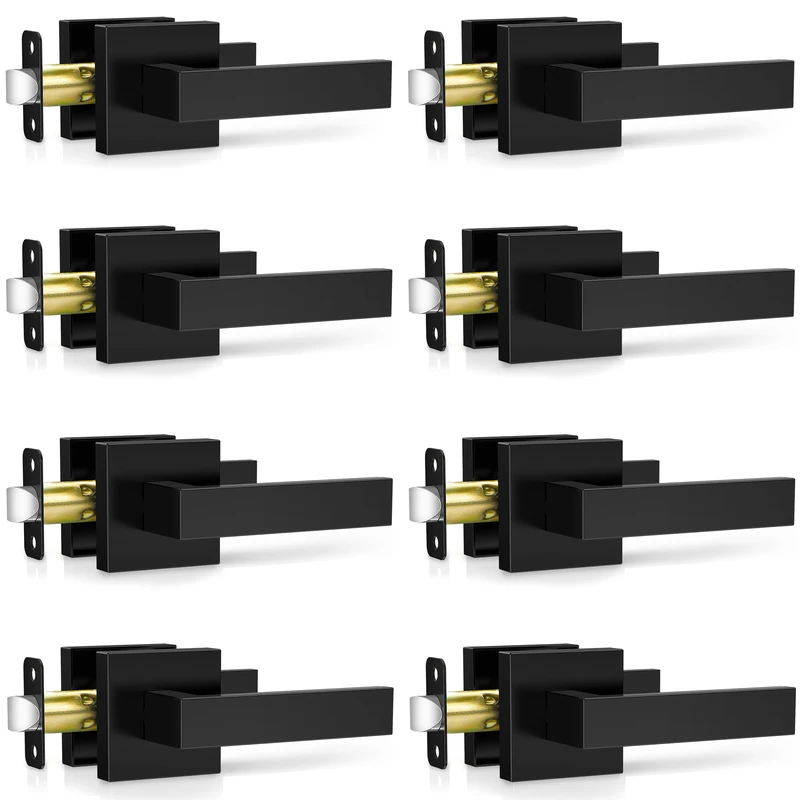 Plustool 8 Pack Matte Black Door Handles, Passage Door Levers for Hallway & Closet, Interior Keyless Door Knobs Heavy Duty Square Non-Locking Handlesets(2.0lb), Reversible for Left & Right Sided Doors