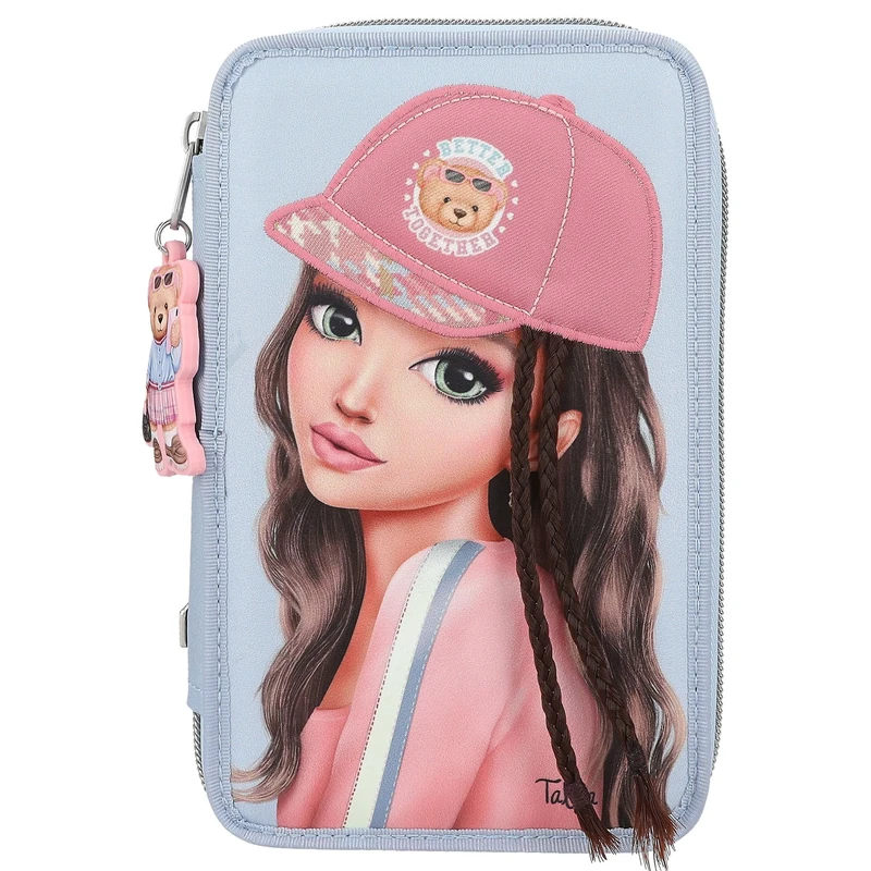 Depesche 13010 TOPModel Team Teddy - Filled 3-compartment pencil case in light blue, with model motif and pendant, pencil case with colored pencils, ruler, scissors and much more.