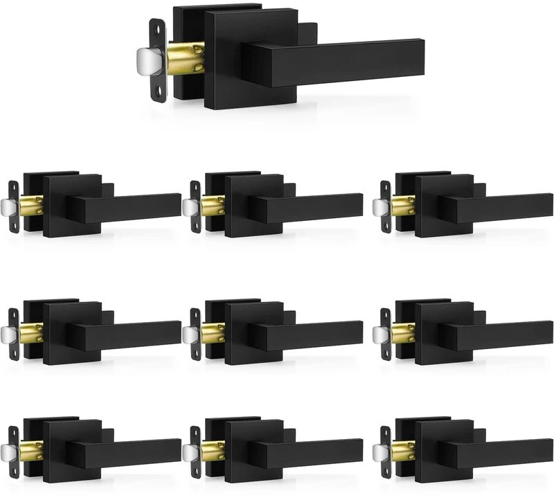 Plustool 10 Pack Matte Black Door Handles, Passage Door Levers for Hall & Closet, Interior Door Knobs Heavy Duty Square Non-Locking Handlesets (2.0lb), Reversible for Left & Right Sided Doors