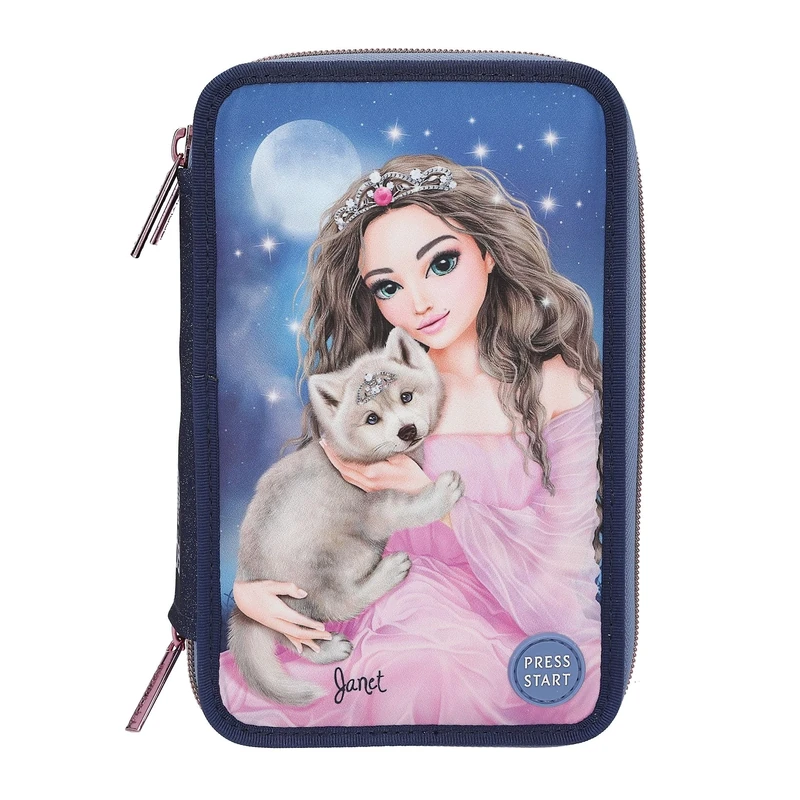 Depesche 13150 TOPModel LED Wolf - Filled 3-Compartment Pencil case in Dark Blue, with Model Motif and LED Lights, Pencil case with Colored Pencils, Ruler, Scissors and Much More.